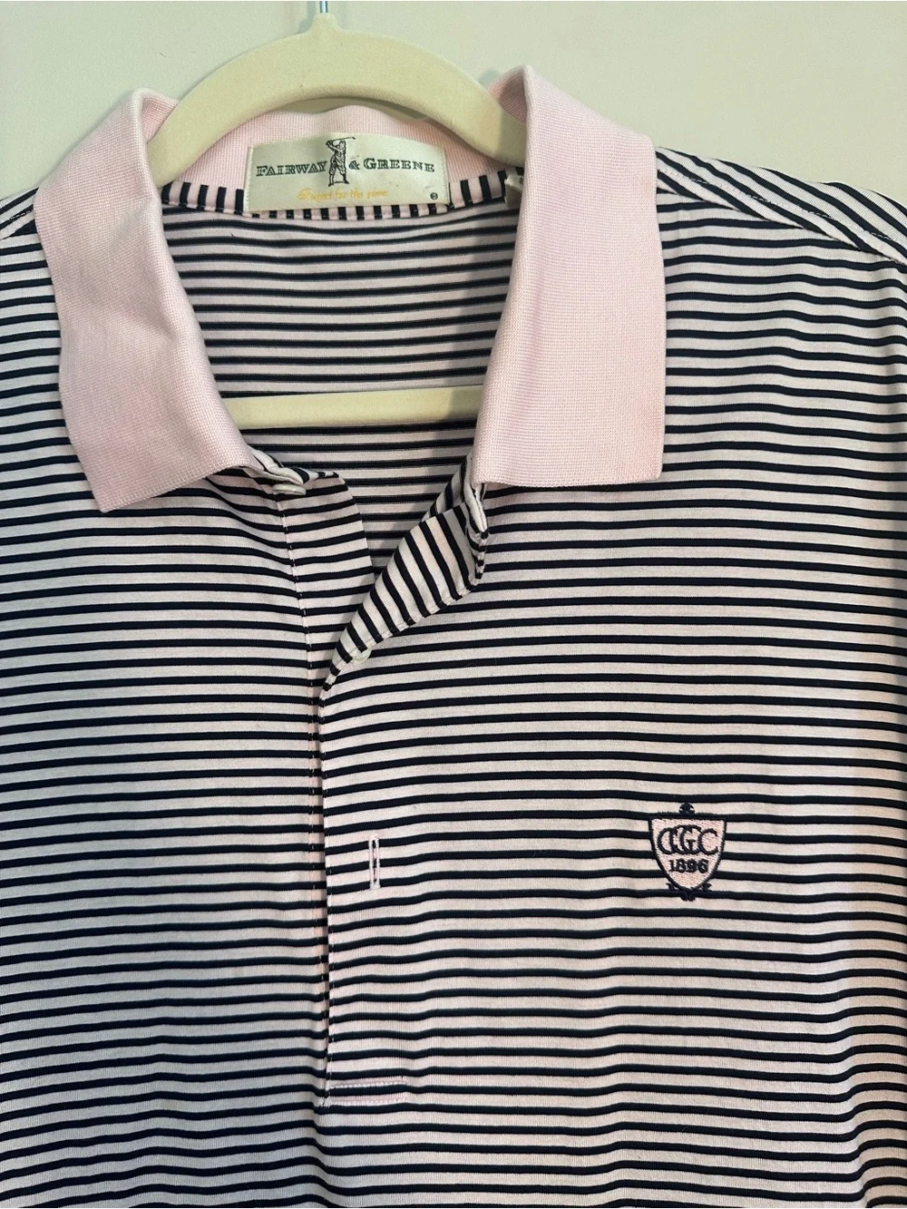 Fairway & Greene Men’s Golf Polo Pink & Navy Stripe Size XL Preppy Quiet Luxury